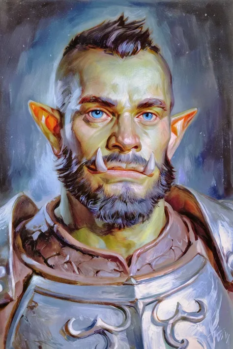 score_9, score_8_up, score_7_up, rating_safe, painterly, traditional media, realistic, 1boy, solo, male focus, mature male, orc, green skin, tusks, blue eyes, short hair, black hair, facial hair, beard, mustache, looking at viewer, armor, shoulder armor, b...