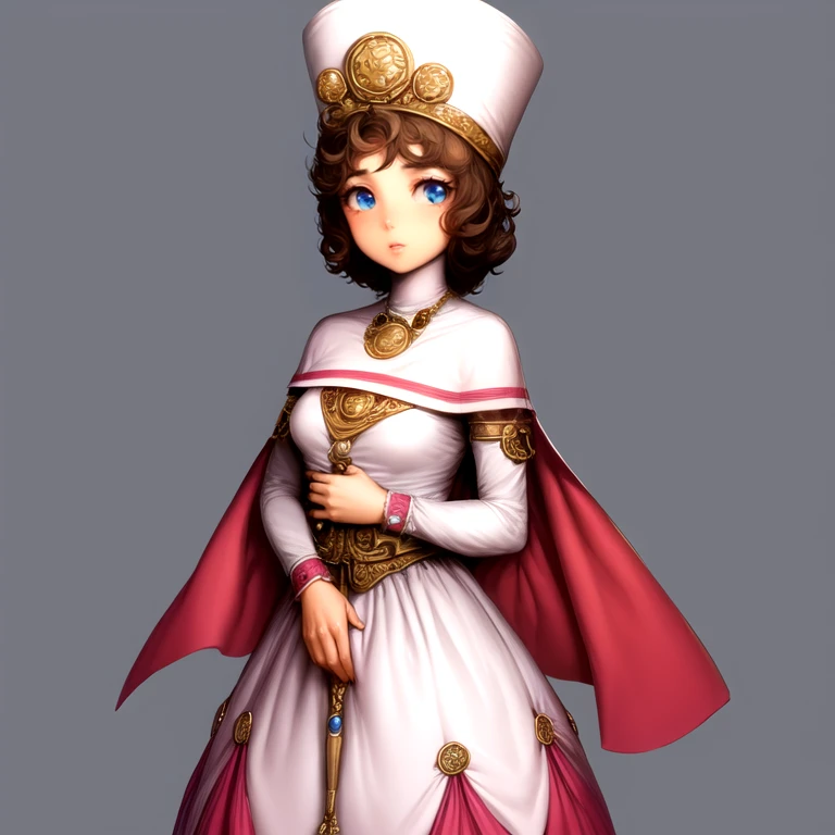 cowboy shot, solo,  <lora:princessMinnieDragonQuestVIII:0.9>, princess_minnie, brown hair, blue eyes, curly hair, short hair, hat, habit, hood, capelet, white dress, red skirt, gold sash, detached sleeves, standing, best quality, ultra high res