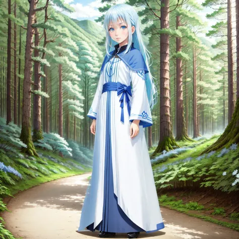 shiroika, solo, white dress, yellow-blue eyes, standing, dress, forest, sea, blue sky <lora:Shiroika_V1:0.93>