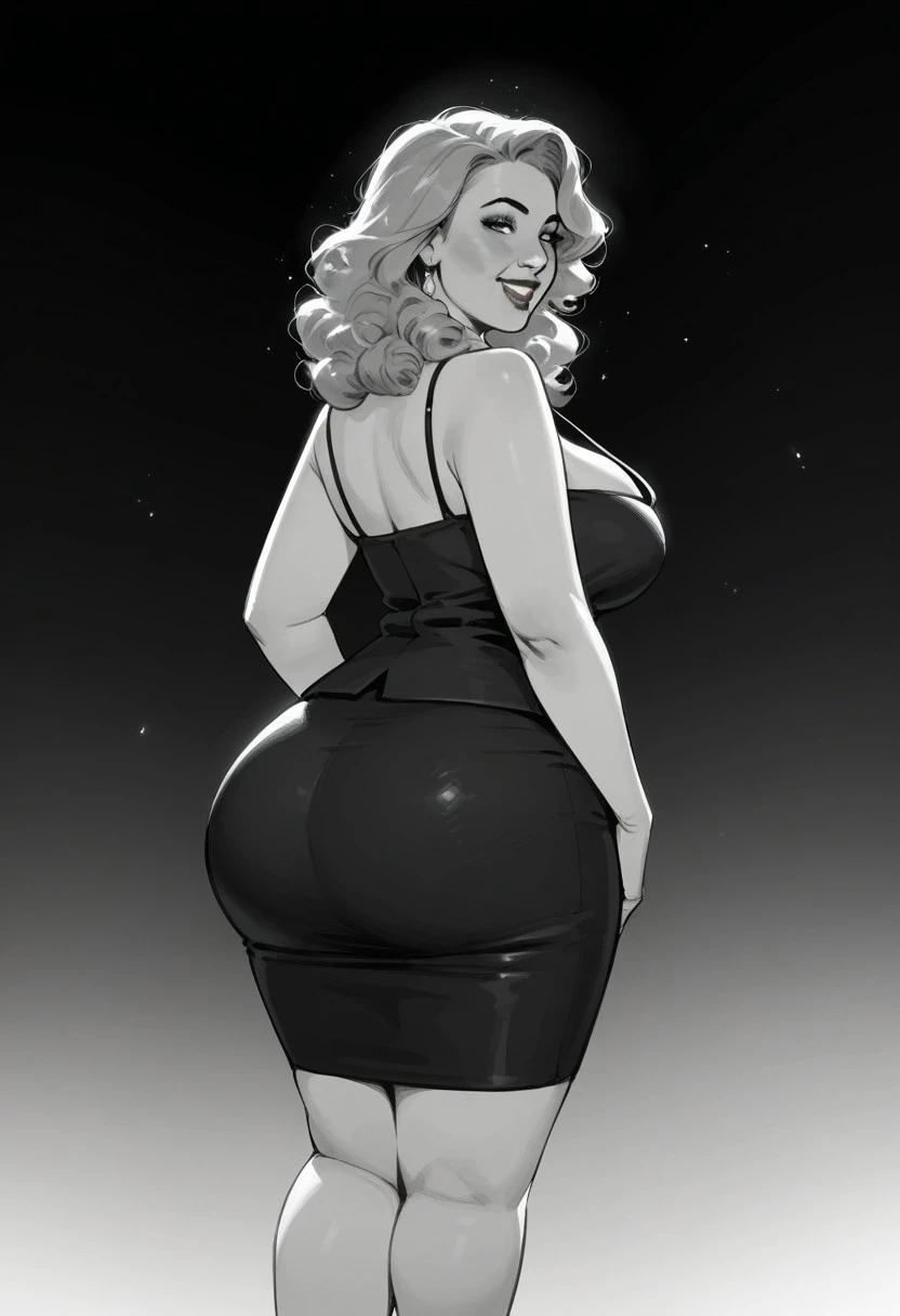 (score_9, score_8_up, score_7_up, score_6_up, rating_questionable, highest resolution, best quality, fine detail, realism), 1girl, solo, thicc, curvy, bbw, (long curly hair), (cleavage, huge breasts), wide hips, thick thighs, gigantic ass, formal, suit, pe...