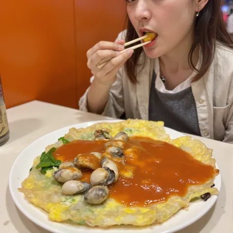 Close-up food photography of Taiwanese oyster omelette (O-a-jian), served on a white round plate, golden-green egg batter with clearly visible plump fresh oysters, vibrant green leafy vegetables scattered throughout, semi-translucent texture, bright red to...