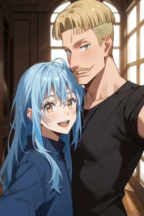 score_9, score_8_up, score_7_up, source_anime, rating_safe, natural lighting, couple focus, selfie, JeffTGRS, blonde_Jeff_hair, yellow_Jeff_facial hair, smile, blush lines, 1boy, rimuru tempest, blue_Rimuru_long hair, open mouth, 1androgynous, intricately ...