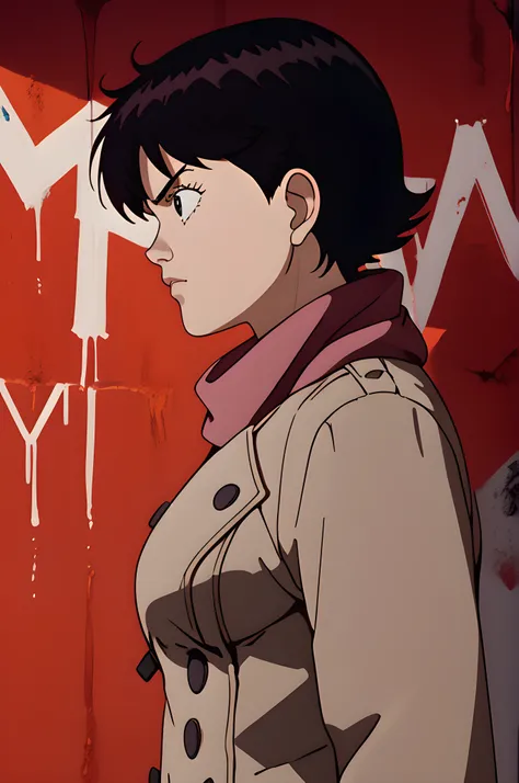 ak1rak3i, score_8_up, score_7_up, source_manga, rating_safe,  <lora:Kei_-_Akira_-_Pony:0.8> kei, girl, brown hair, short hair, dark eyes, neutral expression, upper body, brown coat, buttoned coat, red scarf, red wall background with graffiti, side view