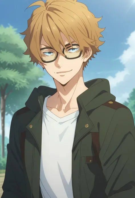 score_9, score_8_up, score_7_up, source_anime, highly detailed, 
hayato, 1boy, male focus, glasses, solo, blue eyes, smile, blonde hair, hood, jacket, green jacket, open jacket,
open clothes, shirt, upper body,
outdoor, sky, cloud, tree,