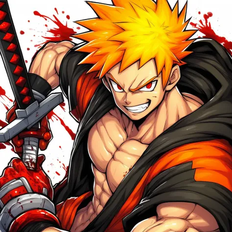 Izin save, thick outline, black outline, male focus, 1boy, solo, orange hair, weapon, teeth, upper body, sword, red eyes, spiked hair, japanese clothes, looking at viewer, holding, smile, holding weapon, short hair, blood, holding sword, , SOLO, 1BOY, thic...