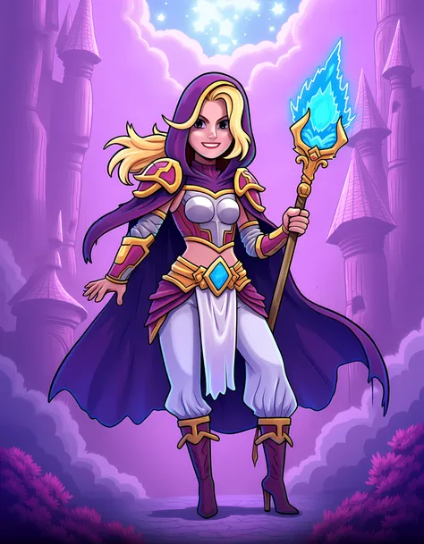 female sorceress wearing ornate cropped metal breastplate with purple hooded cloak with pauldrons, blonde hair with some streaks on shoulder, wide white pants with purple boots, golden edgs on whole outfit, she is holding ornate staff with blue crystal on ...