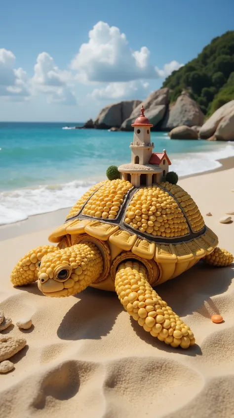 made out of cornkernels, a turtle resting on a beach with a miniatur town on the back, <lora:flux-cornkernelstyle:0.7>