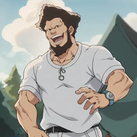 score_9, score_8_up, score_7_up,anime screencap, 1boy, solo, male focus, afro,  facial hair, smile,open mouth,BBQ,camping,muscle,happy,cowboy shot,<lora:doriscoll:0.8>