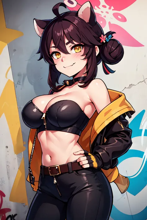 ((masterpiece,best quality)), absurdres,  BREAK, , <lora:Kaede_BlueArchive_Citron:0.8>, zzKaede, animal ears, breasts, halo, yellow eyes, hair bun, ahoge, large breasts, single side bun, black hair, hair between eyes, fang, hair ornament, skin fang, brown ...