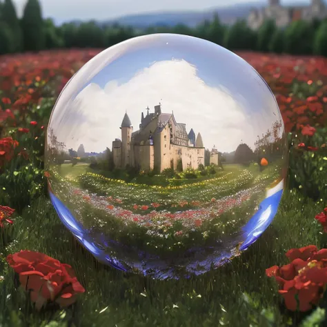 masterpiece, intricate photo, field of roses, glass ball with castle, background meadows, photo realistic, highly detailed, sharp focus, high resolution, best quality, 8K, HDR, cozy outdoor lighting, GlassBall:0.8