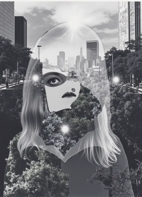 bwflm style, A surreal collage-style photograph for a class project, featuring a disjointed mixture of urban and natural elements fused into a dreamlike composition. The main subject is a womans face, fragmented and layered across different sections of the...