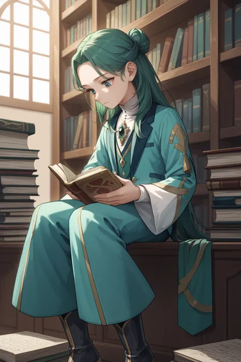 score_9, score_8_up, score_7_up, score_6_up, score_5_up, score_4_up, source_anime, reading, holding book, open book, library (linhardtWar, long green hair in a half updo with bun, turquoise tailcoat, brooch pin, layered long bell sleeves, long white sleeve...