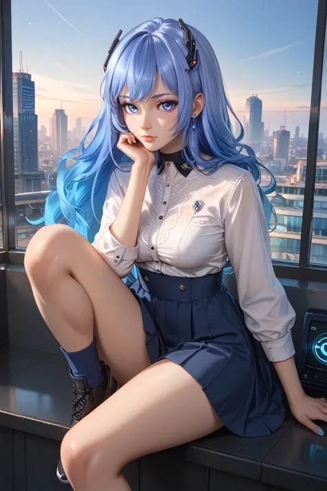 score_9, score_8_up, score_7_up,
<lora:FGBH:0.8>
FGBH, 1girl, blue hair, blue eyes, long hair, gradient hair, looking at viewer, sitting on a windowsill, one leg bent, one hand resting on the knee, city skyline at dusk in the background, moody and reflecti...