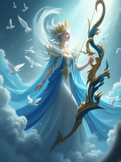 [wzryLoraV4:999],mswzry, A photograph of a fantasy art style, depicting a majestic, ethereal female figure standing atop a majestic bow. The woman is dressed in a flowing, ethereally blue gown with intricate, ornate designs and a flowing cape. Her hair is ...