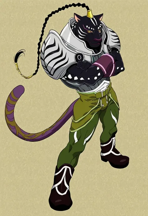 score_7_up, score_8_up, score_9, masterpiece,  high quality,
EugeneGallardo, anime, anime style, furry, anthro, anthro panther, black fur, solo, 1boy, male,
panther ears, hair braid,
silver chest armor, green pants,
black boots, panther tail, 
smiling, loo...