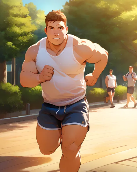 <lora:JD_Fenix_PonyXL-10(1):0.93> jd_fenix, brown hair, outdoor, park, daytime, looking at viewer, tank top, short pants, running, short hair, muscular, bara, scar, chubby, score_9, score_8_up, score_7_up, score_6_up,