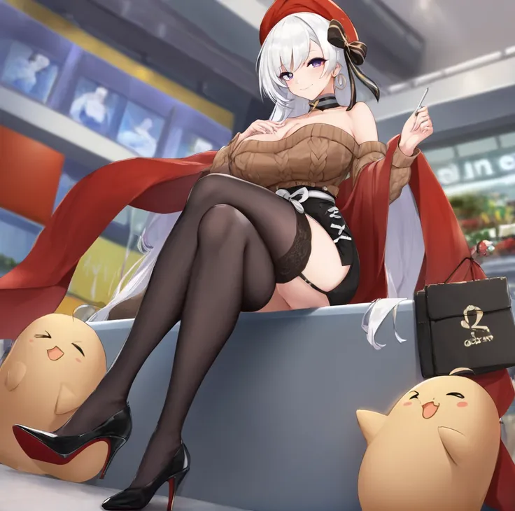 1girl,belfast (azur lane),azur lane,breasts,hat,long hair,thighhighs,skirt,crossed legs,high heels,sweater,large breasts,belfast (azur lane),brown sweater,white hair,aran sweater,off shoulder,looking at viewer,sitting,black footwear,beret,cable knit,off-sh...