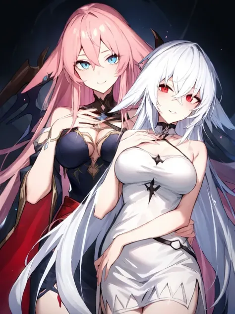 2girls,looking_at_viewer,smile,viridia(f),,white hair,red eyes,viridia(c),pink hair,blue eyes,<lora:viridia:0.9>, masterpiece, best quality, very aesthetic, absurdres