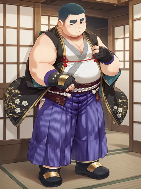 score_9,score_8,score_7_up,source_anime,masterpiece,best quality
danbo,solo,1boy,fat,arm_hug,male focus,full body,japanese clothes,hakama,thick eyebrows,sleeveless,gloves,pants,hip vent,skirt,kimono,pectorals,pectoral cleavage,<lora:danboV0918:0.75:1:lbw=P...