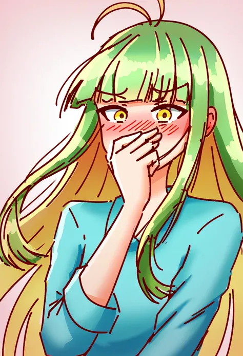 score_9, score_8_up, score_7_up, 8k, very aesthetic, ryo sempai, yellow eyes, green hair, long hair, antenna hair, blunt bangs, looking at the viewer, cowboy shot, shirt, blushing, covering mouth, shy, embarrassed, simple background, plain background, whit...