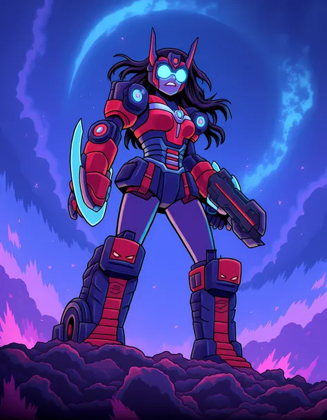 an optimus prime robot woman standing epically on pile of rocks, her body in advanced futuristic design have red and blue accents with wide chest, blue eye mask, black long hair, bra, massive shoulders, wheels and other truck parts on body, night, cybernet...