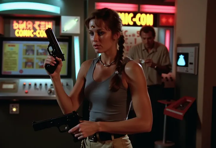 A photo of missbo cosplaying as Lara Croft at Comic-Con, standing in front of a detailed booth with bright neon signs in the background. She’s holding iconic pistols, wearing a tight tank top and cargo shorts, and her serious expression is perfectly matche...