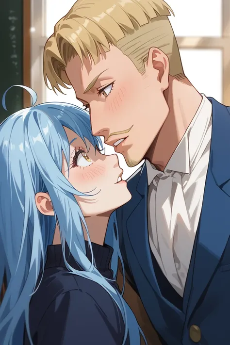 score_9, score_8_up, score_7_up, source_anime, rating_safe, natural lighting, couple focus, incoming kiss, JeffTGRS, blonde_Jeff_hair, yellow_Jeff_facial hair, parted lips, blushing, looking at another, 1boy, rimuru tempest, blue_Rimuru_long hair, eye cont...