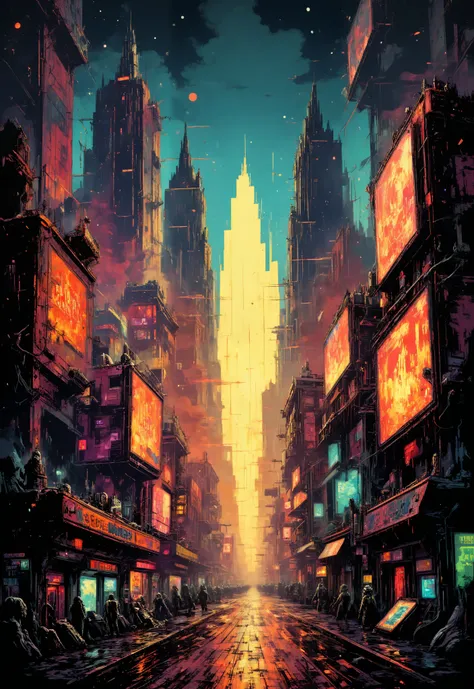 sci-fi digital acrylic painting of a Incandescent city, photoshop thick acrylic brushes