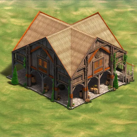 The Slavic Town Center in Age of Empires II showcases the rustic charm and architectural style of the Slavic peoples. Constructed primarily from sturdy timber and thatched roofs, the building features a robust, rectangular structure with wooden beams suppo...