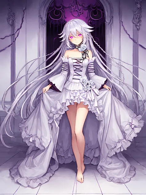 <lora:Will_of_the_Abyss:1>,  will_of_the_abyss, flower, detached sleeves, frills, braid, twin braids ,white dress, breasts, 1girl,  solo, barefoot, long hair, purple eyes, (exceptional, best aesthetic, best quality, masterpiece, extremely detailed),