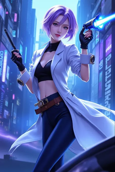 [wzryLoraV4:999],mswzry, A photograph of a young woman with short, lavender hair and a confident, determined expression. She is dressed in a form-fitting, white lab coat with a high collar, and a black, sleeveless top that reveals her toned arms. Her outfi...