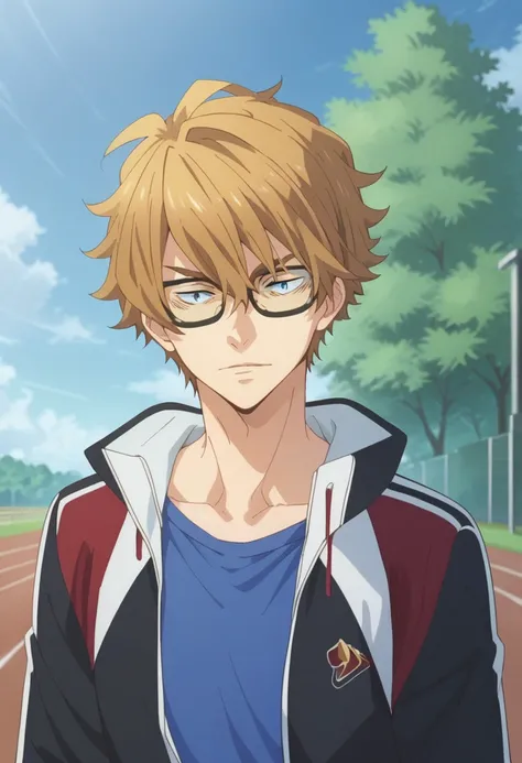 score_9, score_8_up, score_7_up, source_anime, highly detailed, 

hayato, 1boy, male focus, solo, glasses, jacket, blonde hair, blue eyes,  jacket, track jacket, track suit, upper body,

outdoor, sky, cloud, tree,