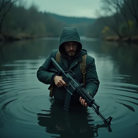 cinematic film still of  <lora:gun style v1:1>
a man holding a AK-47 gun in the water, shallow depth of field, vignette, highly detailed, high budget, bokeh, cinemascope, moody, epic, gorgeous, film grain, grainy