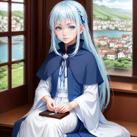 1girl, The girl is sitting in the room opposite the window overlooking the sea, shiroika, white-blue hair, yellow-blue eyes, white-blue clothes, capelet, house, sitting, The best quality, a masterpiece  <lora:Shiroika_V1:0.71>