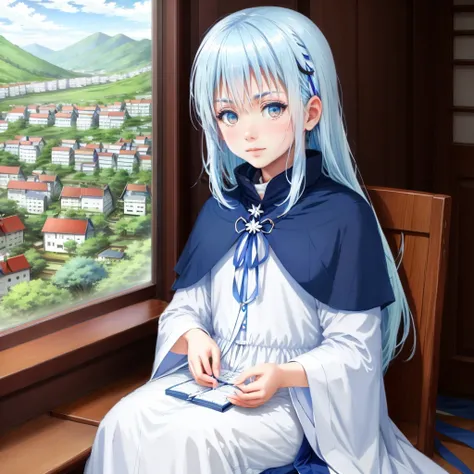 1girl, The girl is sitting in the room opposite the window overlooking the sea, shiroika, white-blue hair, yellow-blue eyes, white-blue clothes, capelet, house, sitting, The best quality, a masterpiece  <lora:Shiroika_V1:0.81> <lora:ARWKonohaVillage:0.91>