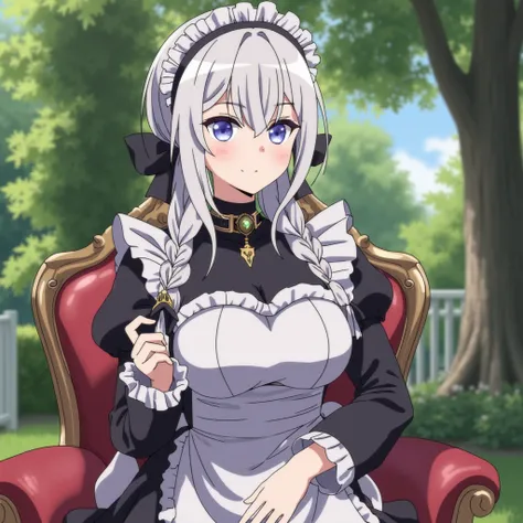 In SylsALSA style. A portrait of a girl with large breasts. She has white braid hair and blue eyes. She wears a maid outfit with a headband, and a choker designed to look like a cuff. She sits elegantly on a chair in the middle of a garden.