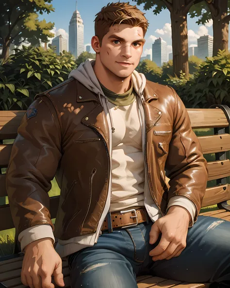 <lora:JD_Fenix_PonyXL-10(1):0.95> jd_fenix, brown hair, outdoor, park, daytime, looking at viewer, jacket, brown leather jacket, jeans, short hair, muscular, bara, scar, sitting on bench, score_9, score_8_up, score_7_up, score_6_up,