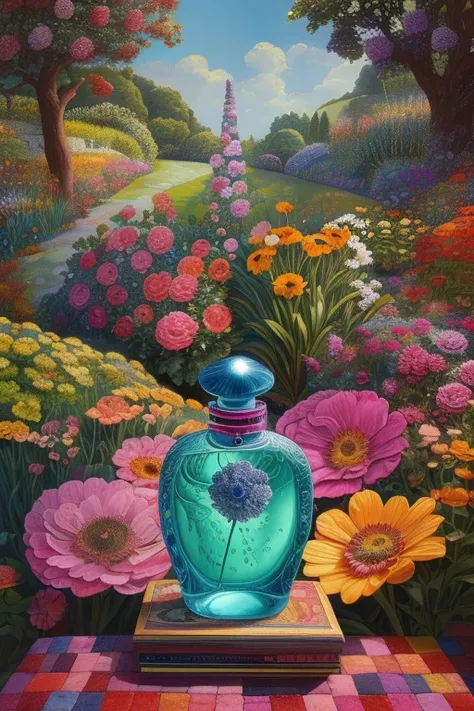 A bottle of perfume in garden masterpiece,best quality,<lora:tbh421-:0.8>,illustration,style of Kaffe Fassett,