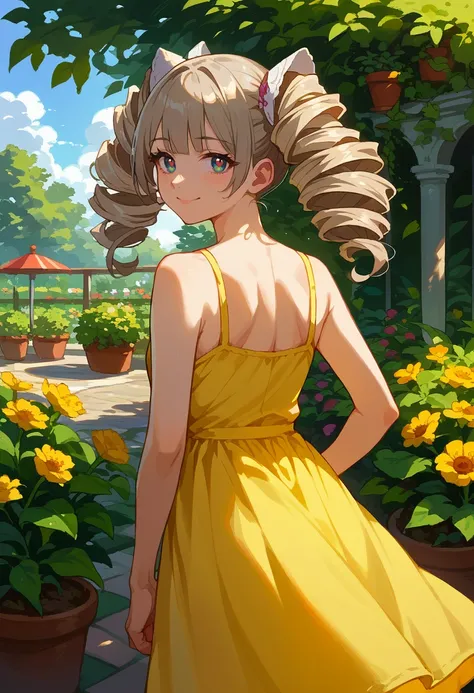 score_9, score_8_up, source_anime, 1girl, solo, ShiroToF, multicolored eyes, grey hair, twintails, twin drills, from behind, yellow sundress, garden, day, sunshine, smile, looking back, <lora:ChamShiroToFPonyXL:1>