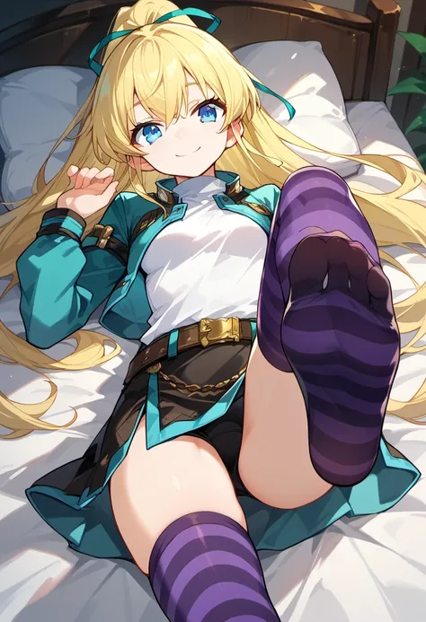 score_9, score_8_up, score_7_up, source anime, noa, 1girl, solo, blonde hair, blue eyes, long hair, smile, belt, hair ribbon, cropped jacket, white shirt, ponytail, skirt, striped thighhighs, lying on bed, foot focus, <lora:noa_rance-xl-pony-v2:0.8>,