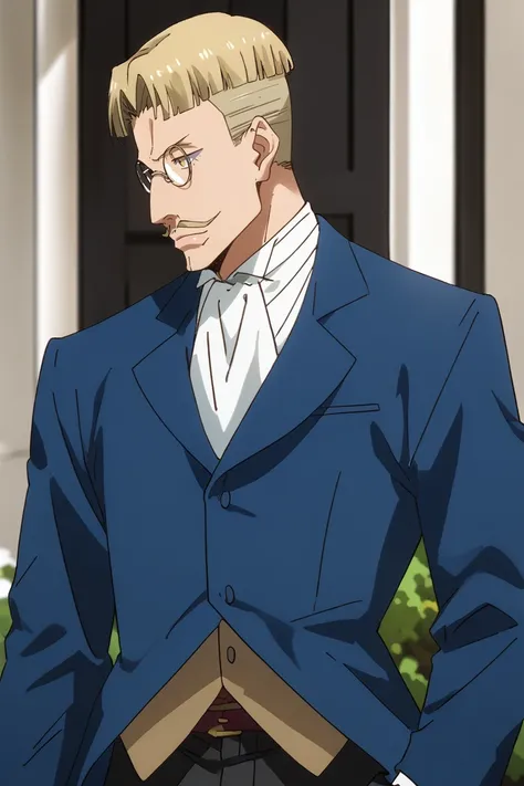 score_9, score_8_up, score_7_up, source_anime, rating_safe, male focus, JeffTGRS, blonde_Jeff_male hair, yellow_Jeff_eyes, yellow_Jeff_facial hair, grey_Jeff_glasses, blue_Jeff_tail coat, white_Jeff_ascot, white_Jeff_gloves, brown_Jeff_undervest, red-yello...