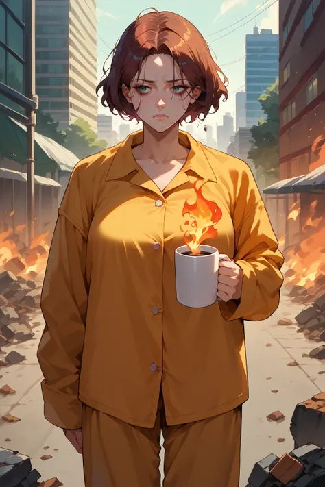 score_9, score_8_up, score_7_up, score_6_up, source_anime, solo, 1girl, tired, looking away, standing, holding coffee mug, bags under eyes, pajamas, outdoors, city, fire, debris