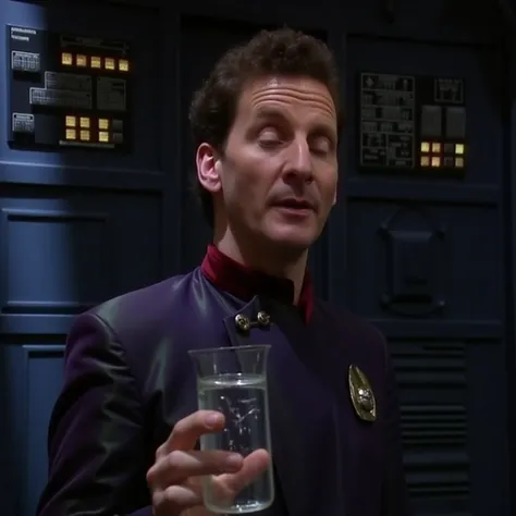 arnold rimmer looking into a vat of slime in a futuristic space ship laboratory 