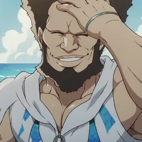 score_9, score_8_up, score_7_up,anime screencap, 1boy, solo, male focus, afro,  facial hair, smile,beach,muscle,swimsuit, closed eyes,happy,<lora:doriscoll:0.8>