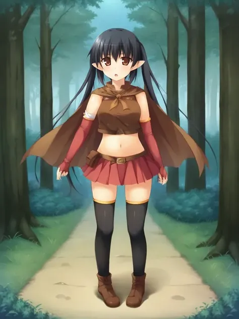 <lora:lucheforforestpony:0.8>
1girl, solo, luceeoff black hair, twintails, brown eyes, pointy ears, brown croptop, sleeveless, navel, cape, elbow gloves, fingerless gloves, skirt, miniskirt, thighhighs, brown shoes, standing, outdoors, forest, full body, l...