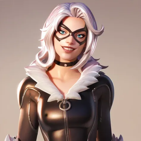 score_9, score_8_up, score_7_up, score_6_up, score_5_up, score_4_up, simple background, realistic, <lora:Black_Cat_Fortnite_Style:1> , bcft, bodysuit, skin tight, white hair, choker, fur trim, mask, portrait, smile, bracer, long hair, looking at viewer, te...