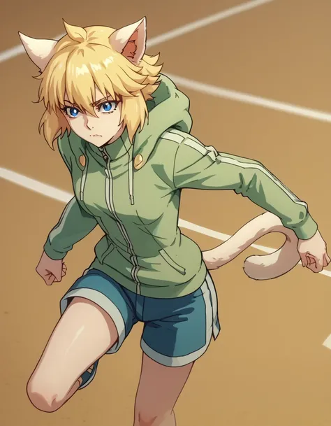 score_9, score_8_up, score_7_up, score_6_up, score_5_up, score_4_up, source_anime  <lora:TheLastSummoner:1>, dynamic pose,  MiaowuFamiliar, short hair, blue eyes, blonde hair, hood, cat ears, cat tail, cat girl, blue shorts, track jacket,