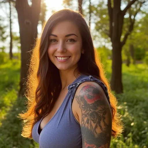 A warm, golden hour-lit scene in the style of Terrence Malick, with a shallow depth of field and subtle film grain. A young woman with caramel-hued skin, almond-shaped brown eyes, and a relaxed expression, stands outdoors amidst a lush, sun-dappled forest,...