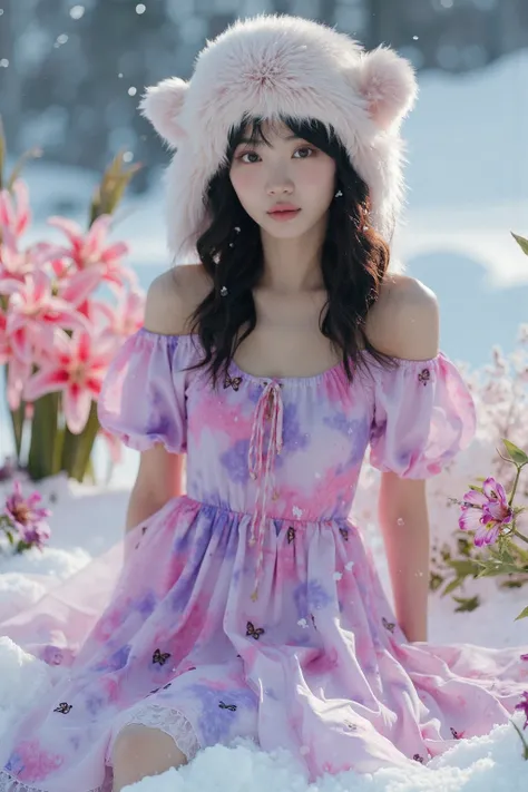 This image features a young woman seated in an ethereal and whimsical setting, blending nature with a wintery theme. She is wearing a delicate, off-shoulder dress with puffy short sleeves, designed in a soft pink and purple tie-dye pattern, adorned with sm...