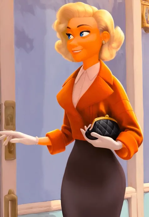 score_7_up, score_8_up, score_9, masterpiece,  high quality,
LanaNutJob, human, cartoon, solo, 1girl, female, blond hair,
orange jacket, white undershirt, white gloves, black skirt,
smiling, blue eyes, earring, holding purse, black purse,
standing, cowboy ...